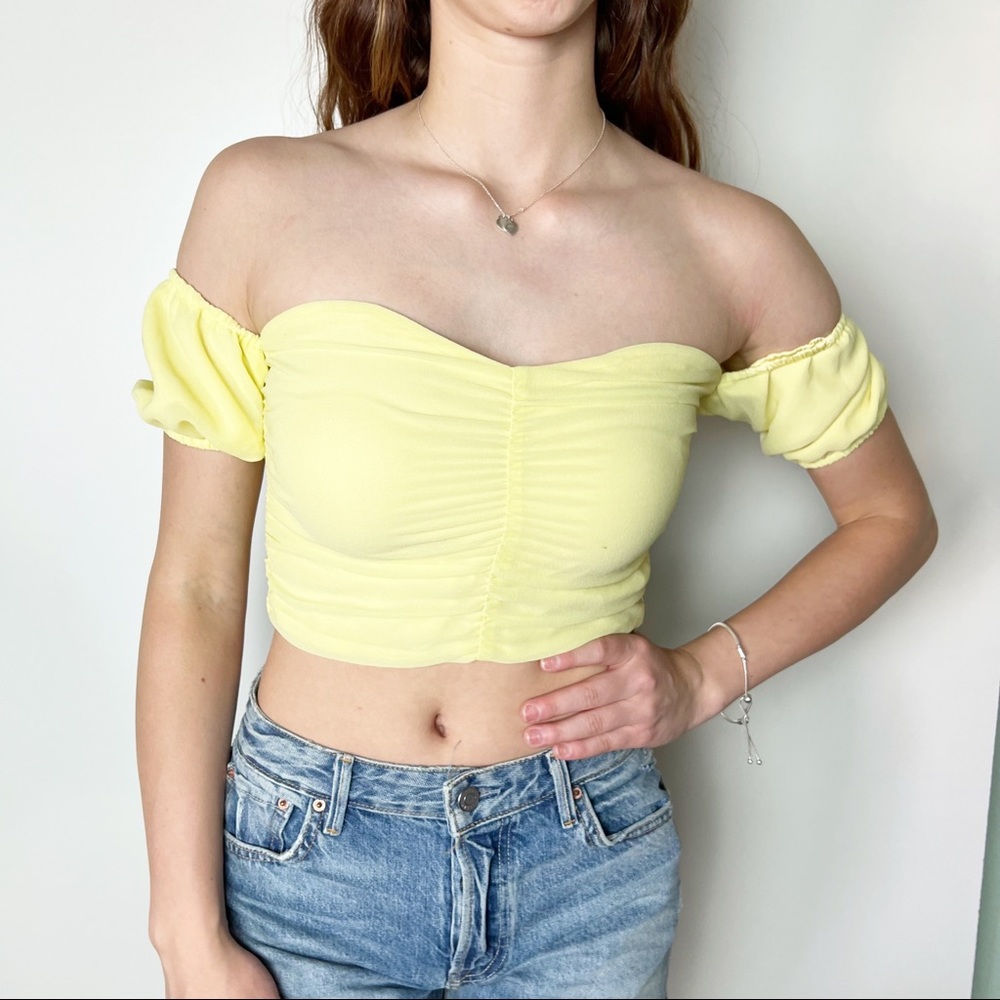 Majorelle yellow off the shoulder rouched top